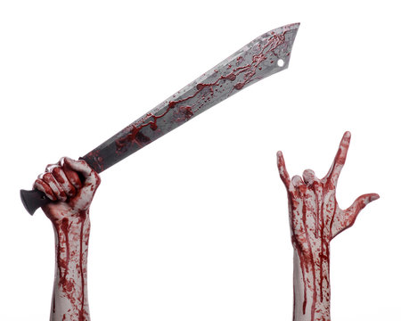 Hand Holding A Bloody Machete On A White Background