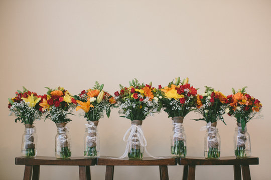 USA, Florida, Walton County, Watercolor, Bride and bridesmaids' bouquets