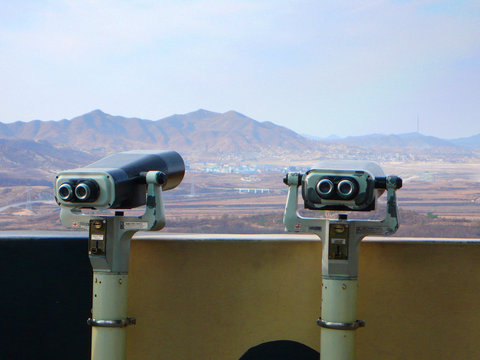 Two binoculars in South Korea facing the Demilitarised Zone in North Korea
