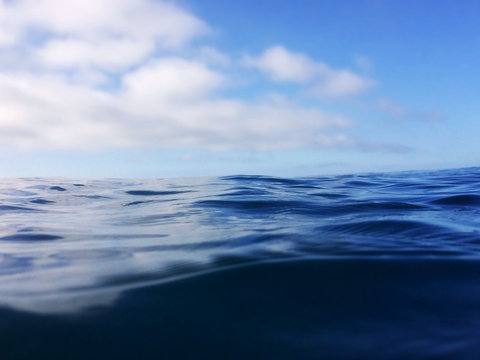Close-up split level view of Pacific Ocean under a blue sky, California, USA