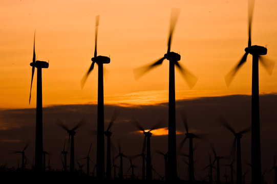 Silhouette of rows of Wind turbines on a wind farm at sunset