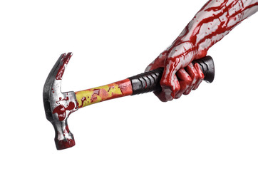 bloody hand holding  bloody hammer isolated on  white background