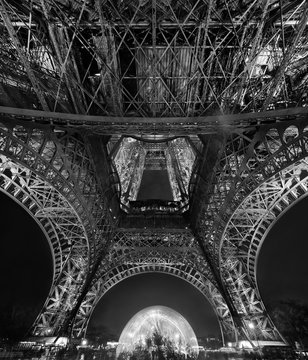 France, Paris, Upward view of Eiffel Tower at night