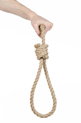 man's hand holding a loop of rope for hanging on isolated