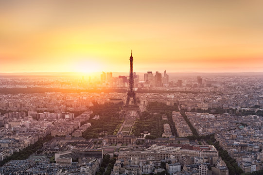 Aerial View of the Eiffel Tower and cityscape from Montparnasse tower at sunset, Paris, France