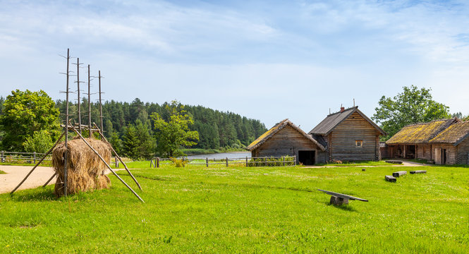 Russian rural landscape with old wooden houses