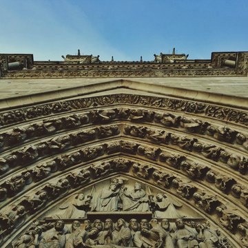 France, Paris, Notre Dame Cathedral, Upward view of cathedral front door