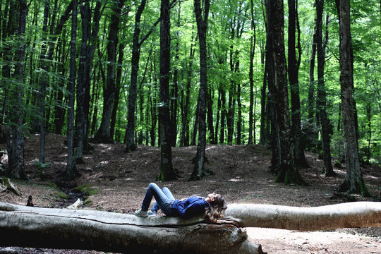 Woman lying on log in forest
