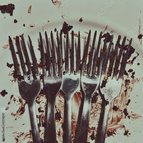 "Closeup of dirty forks and plate after chocolate cake" Stock photo