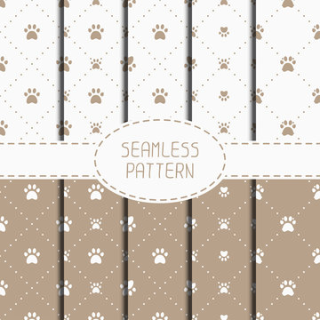 Set of seamless pattern with animal footprints, cat, dog