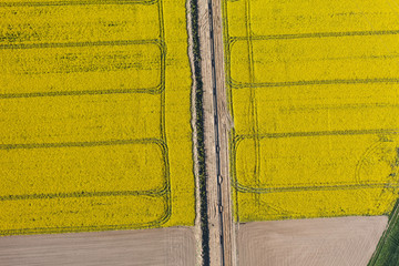 aerial view of burying gas pipe in a country harvest fields  are