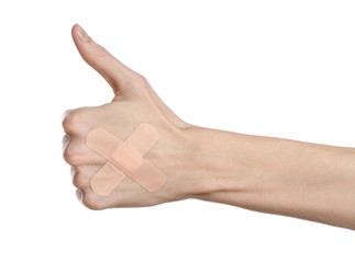 man's hand glued medical plaster first aid plaster advertising
