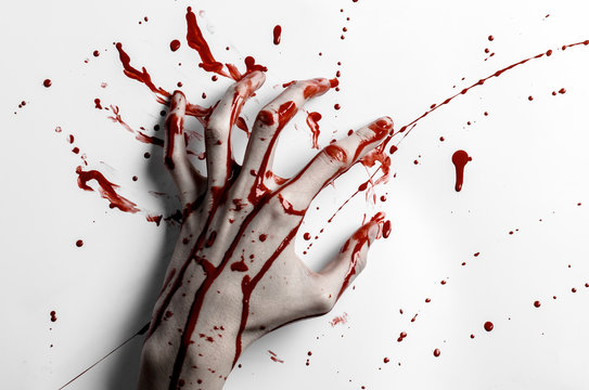 Bloody Hand Print On A White Leaves Bloody Wall Studio Isolated