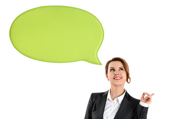 Portrait of attractive business woman thinking and looking up