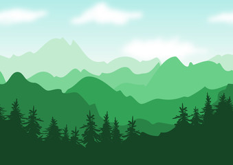 Vector beautiful summer landscape, green mountains with trees si