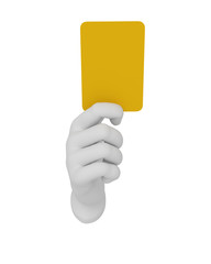 3d white human open hand holds a yellow card. White background.