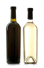 Red and white wine bottles isolated on white