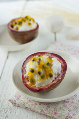 Milk ice cream with Passion fruit topping