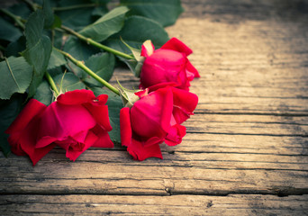 Red roses on the rustic wooden background