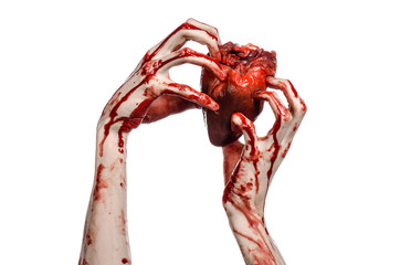 terrible bloody hand hold torn bleeding human heart isolated