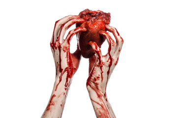 terrible bloody hand hold torn bleeding human heart isolated