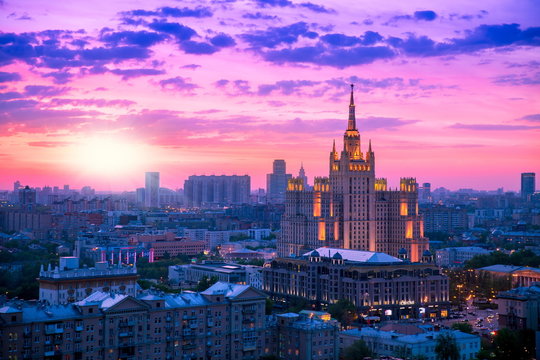 Stalin skyscraper building in Moscow center at sunset