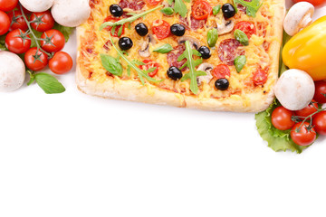 Delicious homemade pizza on white background