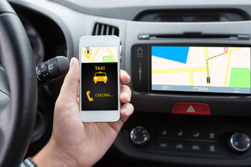 man connecting phone with app taxi and navigation map
