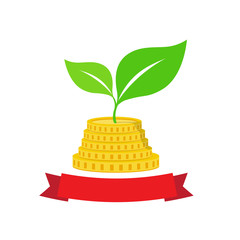 Growing investment coin money and green leaf with red ribbon - f