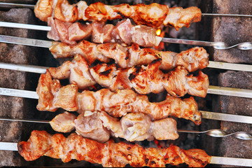 mutton meat made as a shashlik on the outdoor country pick-nick