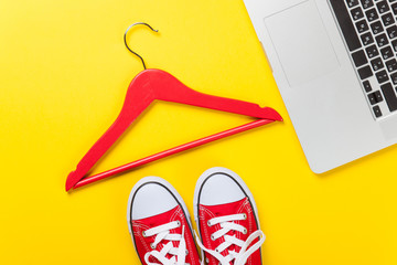 laptop computer and gumshoes with hanger