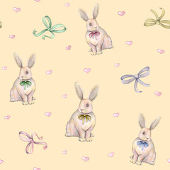 Rabbit with bow on an orange background. Seamless pattern