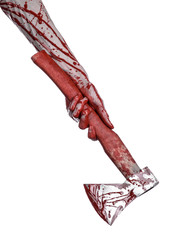 bloody hand holding a bloody butcher's ax isolated in studio