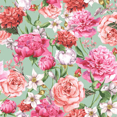 Summer Seamless  Watercolor Pattern with Pink Peonies and Roses