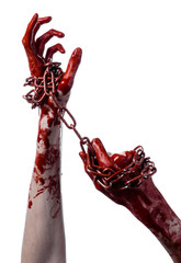 bloody hand holding chain, bloody chain, halloween theme, white