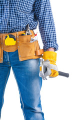 hammer in hand of worker with glove and other tools toolbelt iso