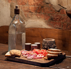 Vodka and bacon, tomato and bread