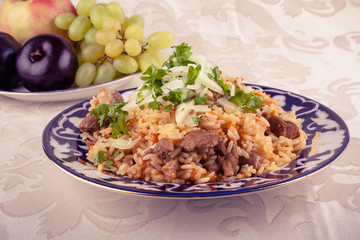 Rice with meat, carrot and onion in vintage look