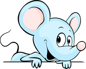 blue cute mouse cartoon peeking out from white surface