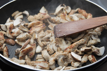 chicken briskaet fried on pan with mushroom