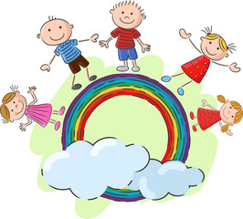 Obraz na płótnie Canvas Little kids standing on the rainbow. vector illustration