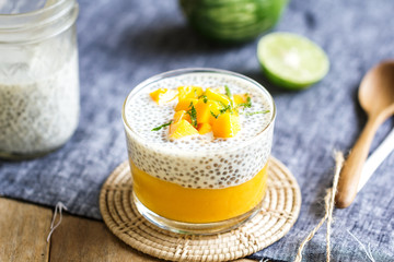 Chia in soy milk with mango pudding