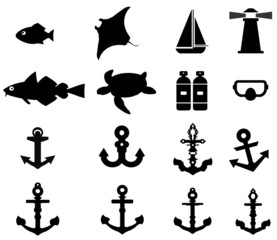 Animaux marin, ancre et mer en 16 icônes