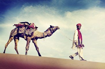 Indian Man Camel Desert Travel Concept