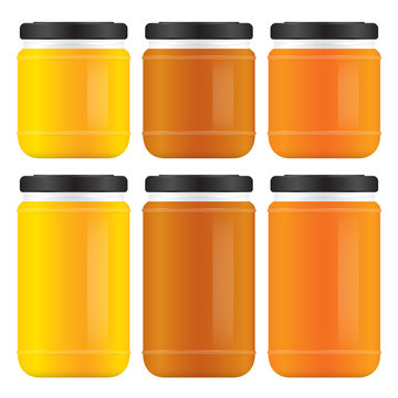 Set of honey in jars in different sizes and color styles.