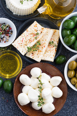 cheeses - mozzarella, feta cheese and pickles, vertical