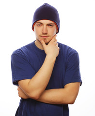 man in blue t-shirt and blue hat.