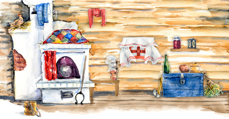 Russian traditional interior of the Russian log hut. Watercolor hand drawn illustration.