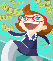 una mujer y lluvia de dinero