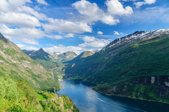 End of Geirangerfjord and town Geiranger in valley